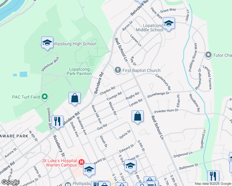 map of restaurants, bars, coffee shops, grocery stores, and more near 706 Charles Road in Phillipsburg