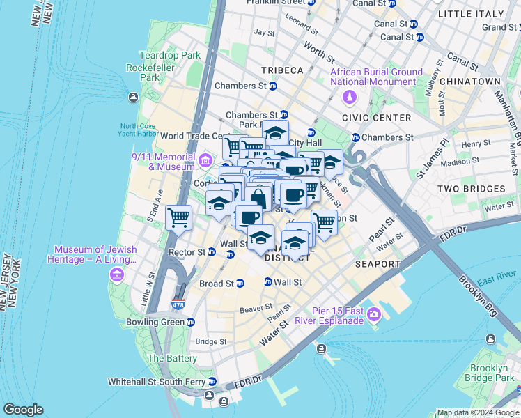 map of restaurants, bars, coffee shops, grocery stores, and more near 172 Broadway in New York