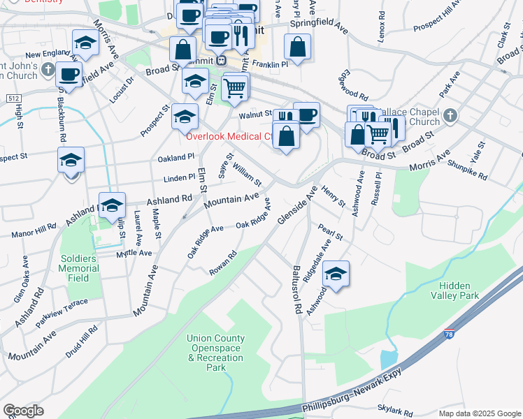 map of restaurants, bars, coffee shops, grocery stores, and more near 19 Oakridge Avenue in Summit
