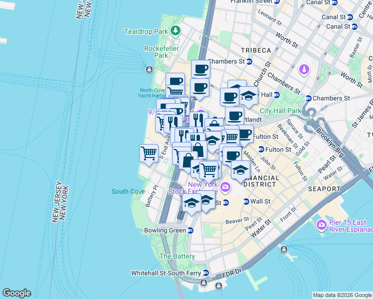 map of restaurants, bars, coffee shops, grocery stores, and more near Albany Street in New York
