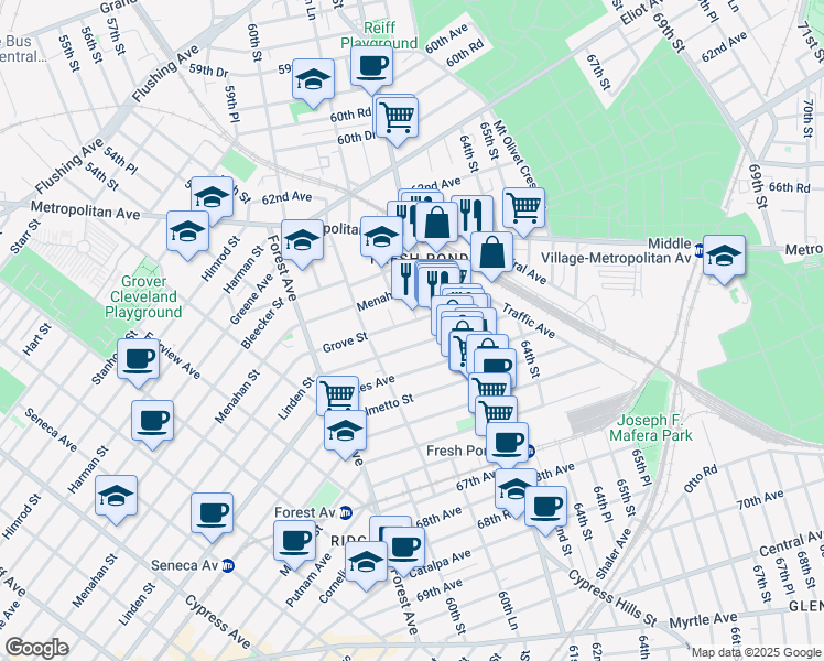 map of restaurants, bars, coffee shops, grocery stores, and more near 60-46 Grove Street in Queens