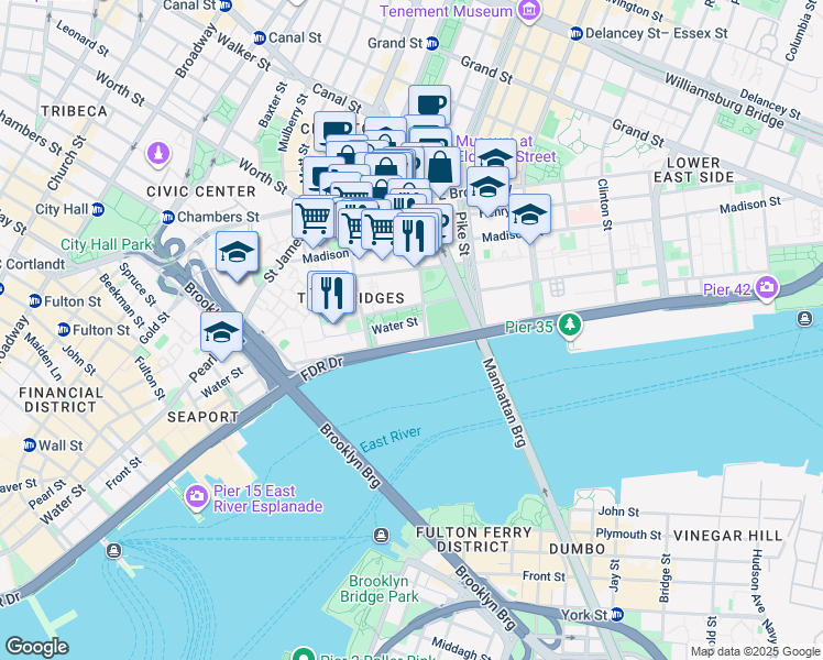 map of restaurants, bars, coffee shops, grocery stores, and more near 394 Water Street in New York