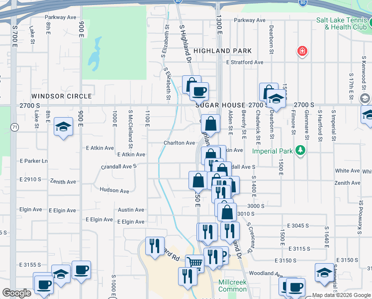 map of restaurants, bars, coffee shops, grocery stores, and more near 1200 Charlton Avenue in Salt Lake City