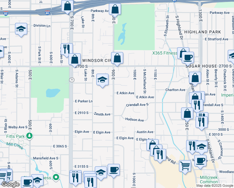 map of restaurants, bars, coffee shops, grocery stores, and more near 2813 South 900 East in Salt Lake City