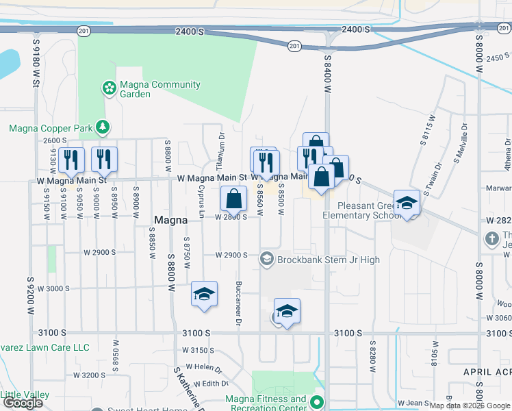map of restaurants, bars, coffee shops, grocery stores, and more near 2750 South 8560 West in Magna