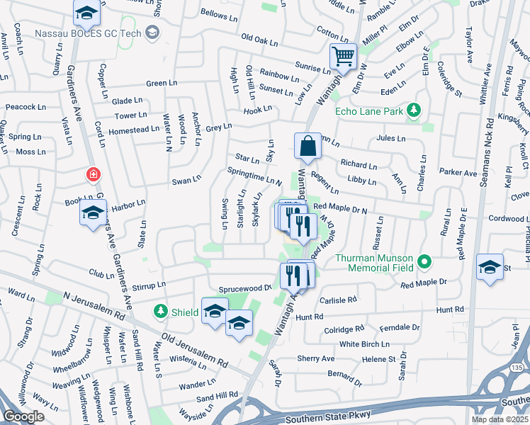 map of restaurants, bars, coffee shops, grocery stores, and more near 15 Springtime Lane South in Levittown