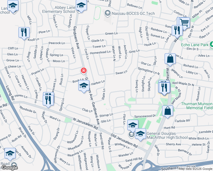 map of restaurants, bars, coffee shops, grocery stores, and more near 65 Slate Lane in Levittown