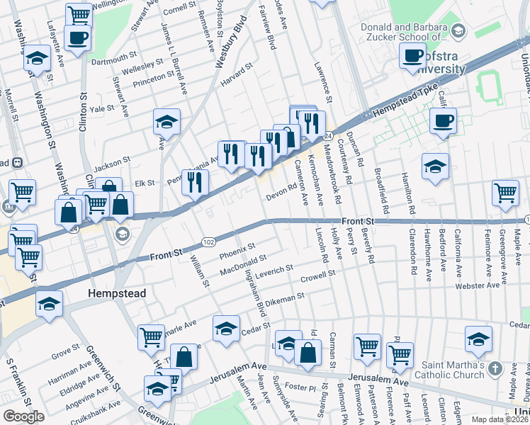 map of restaurants, bars, coffee shops, grocery stores, and more near 60 Hendrickson Avenue in Hempstead