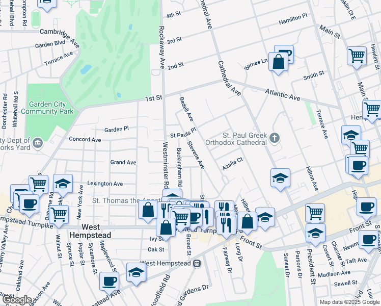 map of restaurants, bars, coffee shops, grocery stores, and more near 43 Stevens Avenue in Hempstead