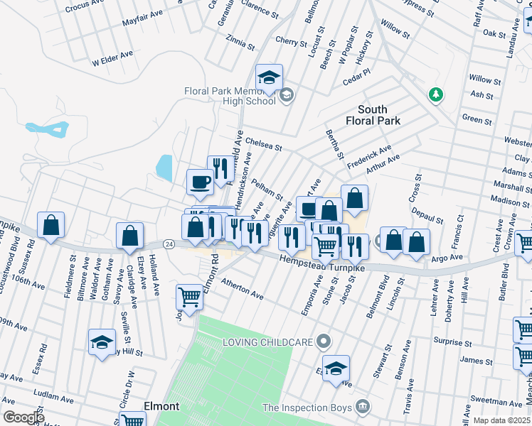 map of restaurants, bars, coffee shops, grocery stores, and more near 71 Roquette Avenue in Elmont