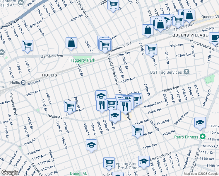 map of restaurants, bars, coffee shops, grocery stores, and more near 104-02 205th Place in Queens