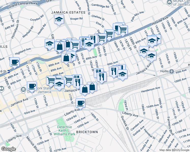 map of restaurants, bars, coffee shops, grocery stores, and more near 182-10 91st Avenue in Queens