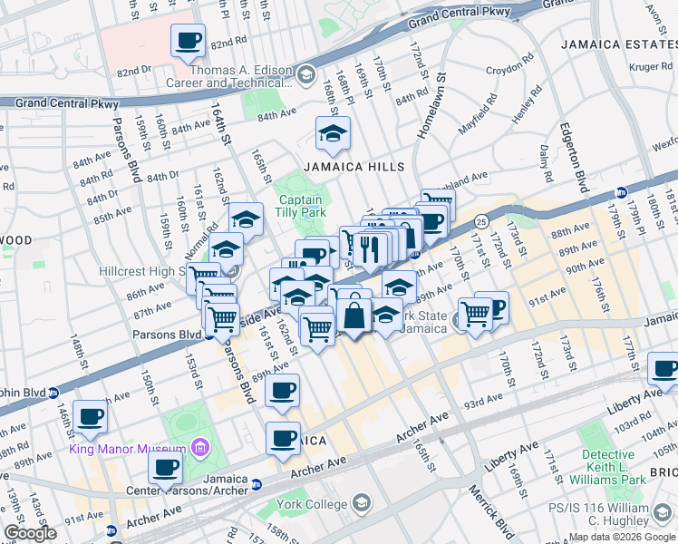 map of restaurants, bars, coffee shops, grocery stores, and more near 87-38 166th Street in Queens