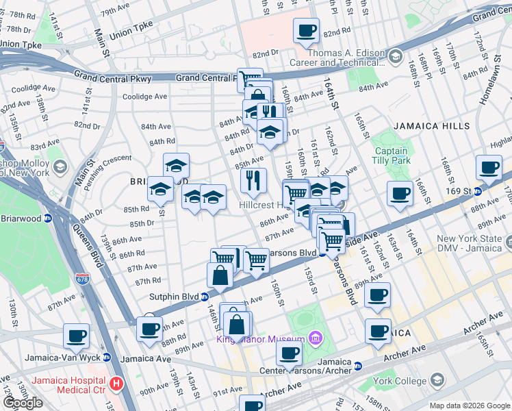 map of restaurants, bars, coffee shops, grocery stores, and more near 85-64 151st Street in Queens
