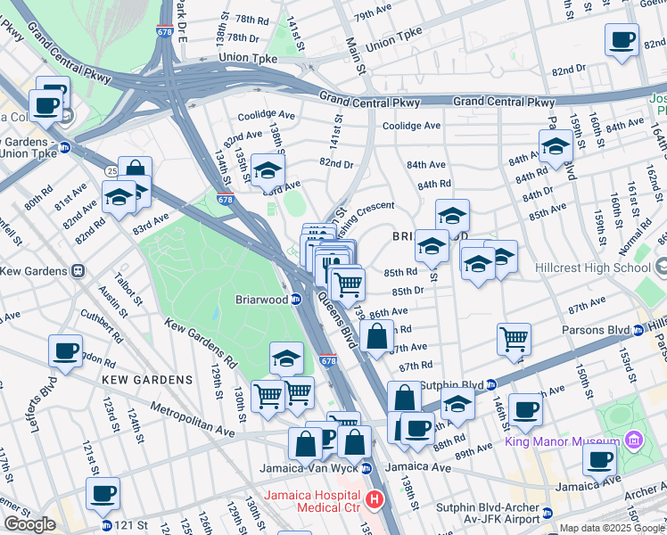 map of restaurants, bars, coffee shops, grocery stores, and more near 139-06 Pershing Crescent in Queens