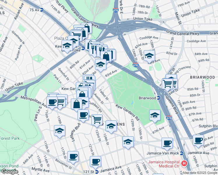 map of restaurants, bars, coffee shops, grocery stores, and more near 83-30 Kew Gardens Road in Queens