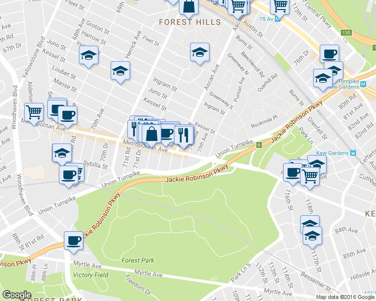 map of restaurants, bars, coffee shops, grocery stores, and more near 99-11 74th Avenue in Queens