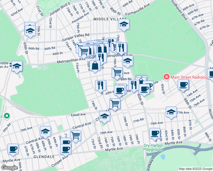 map of restaurants, bars, coffee shops, grocery stores, and more near 68-39 78th Street in Queens