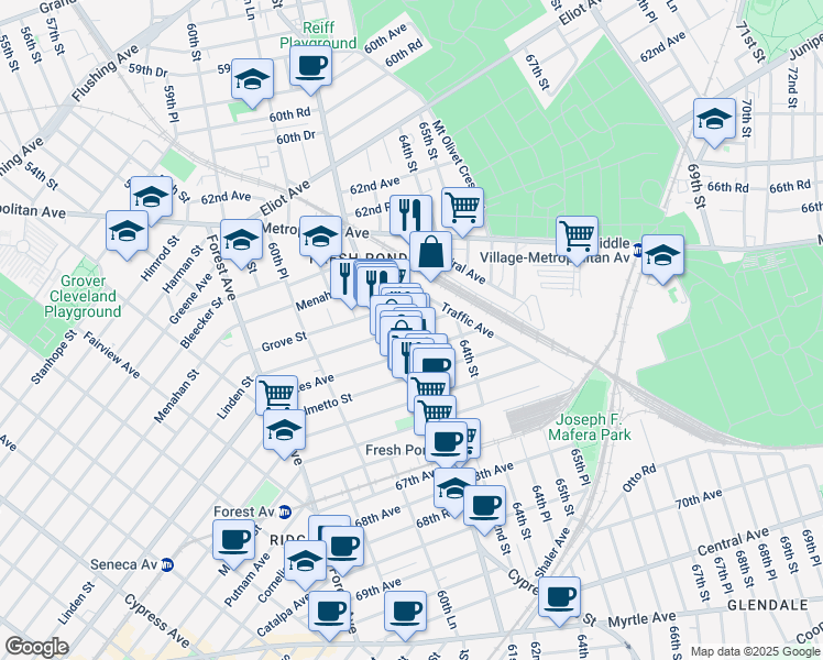 map of restaurants, bars, coffee shops, grocery stores, and more near 61-36 Linden Street in Queens