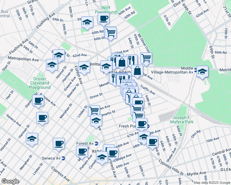 map of restaurants, bars, coffee shops, grocery stores, and more near 60-46 Grove Street in Queens
