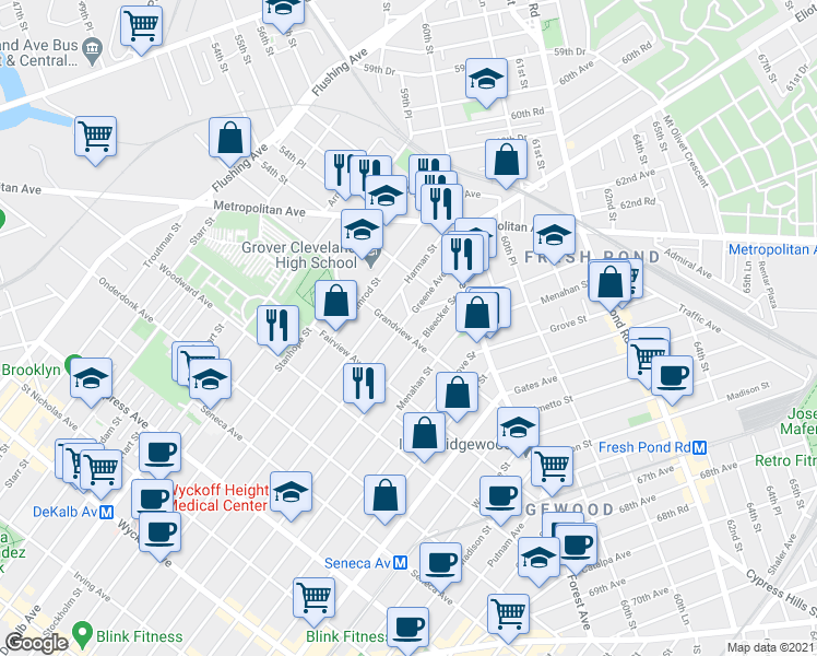 map of restaurants, bars, coffee shops, grocery stores, and more near 483 Grandview Avenue in Queens