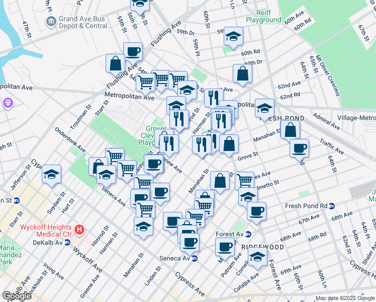 map of restaurants, bars, coffee shops, grocery stores, and more near 483 Grandview Avenue in Queens