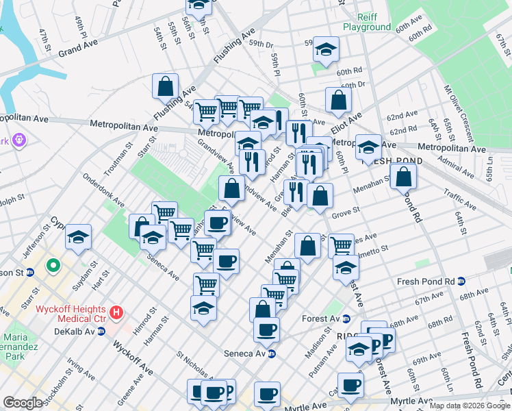 map of restaurants, bars, coffee shops, grocery stores, and more near 483 Grandview Avenue in Queens