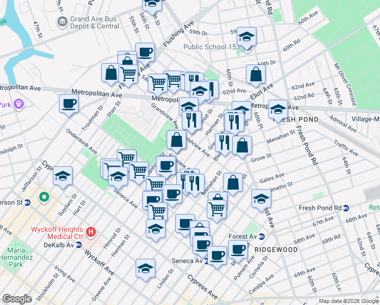 map of restaurants, bars, coffee shops, grocery stores, and more near 20-28 Himrod Street in Queens