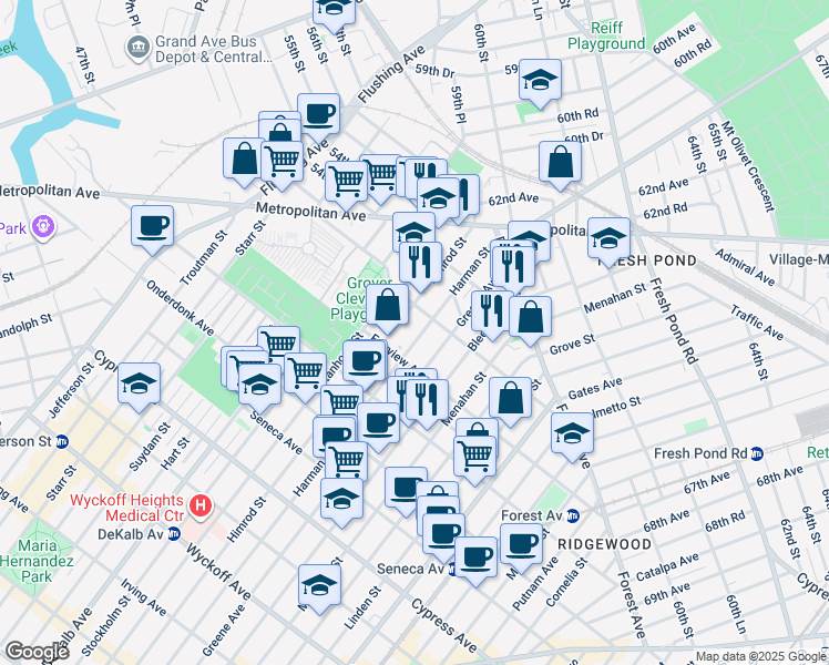 map of restaurants, bars, coffee shops, grocery stores, and more near 20-28 Himrod Street in Queens