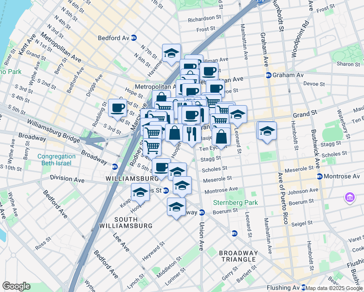map of restaurants, bars, coffee shops, grocery stores, and more near 392 South 1st Street in Brooklyn