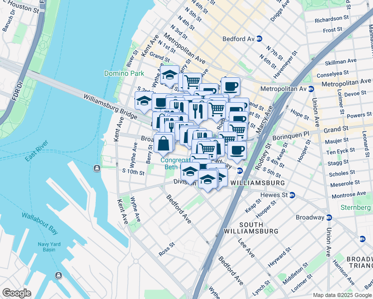 map of restaurants, bars, coffee shops, grocery stores, and more near 185 Broadway in Brooklyn