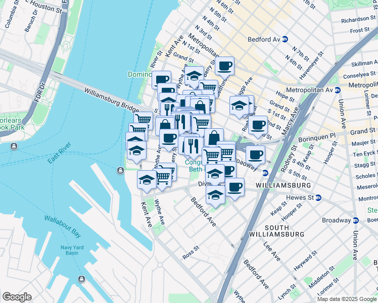 map of restaurants, bars, coffee shops, grocery stores, and more near 101 South 8th Street in Brooklyn