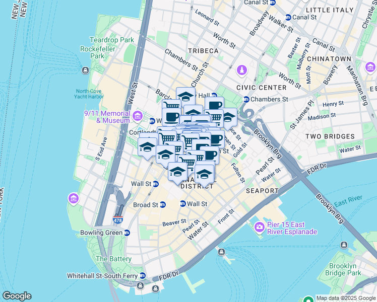 map of restaurants, bars, coffee shops, grocery stores, and more near 12 John Street in New York