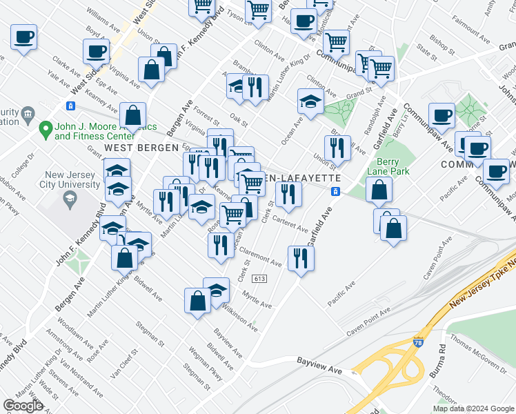 map of restaurants, bars, coffee shops, grocery stores, and more near 700 Ocean Avenue in Jersey City