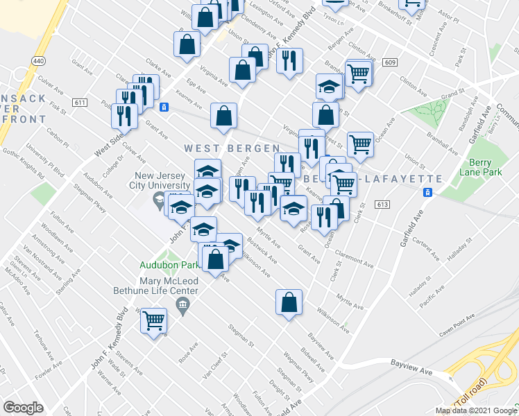 map of restaurants, bars, coffee shops, grocery stores, and more near 114 Grant Avenue in Jersey City