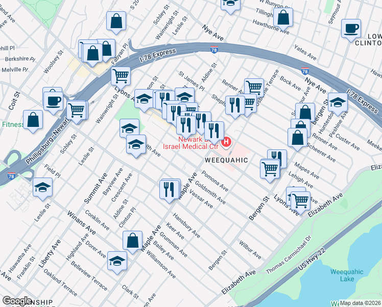 map of restaurants, bars, coffee shops, grocery stores, and more near 224 Weequahic Avenue in Newark