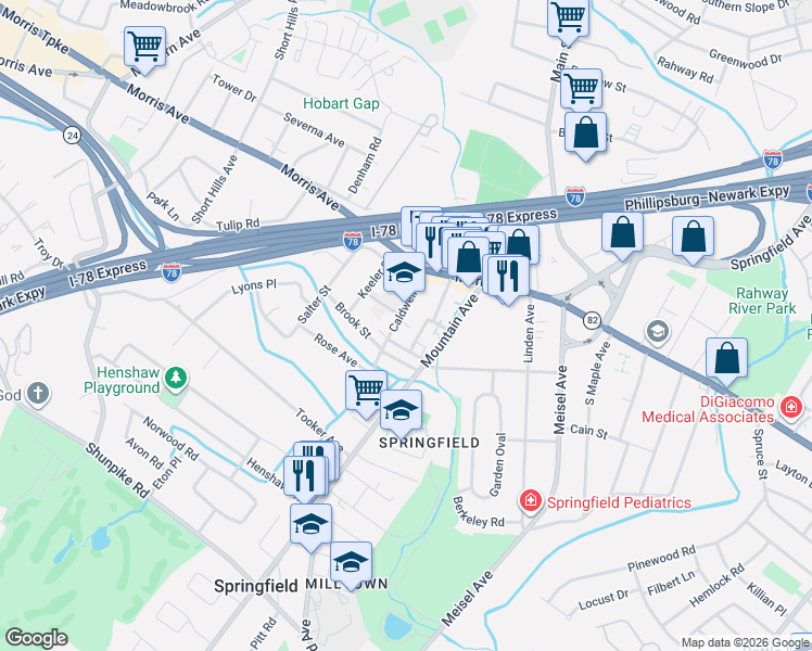 map of restaurants, bars, coffee shops, grocery stores, and more near 45 Caldwell Place in Springfield