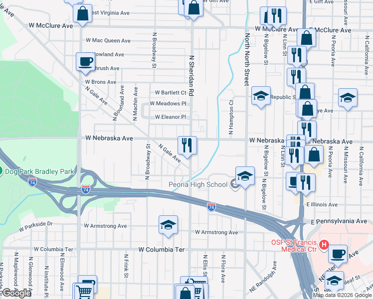 map of restaurants, bars, coffee shops, grocery stores, and more near 1821 North Sheridan Road in Peoria