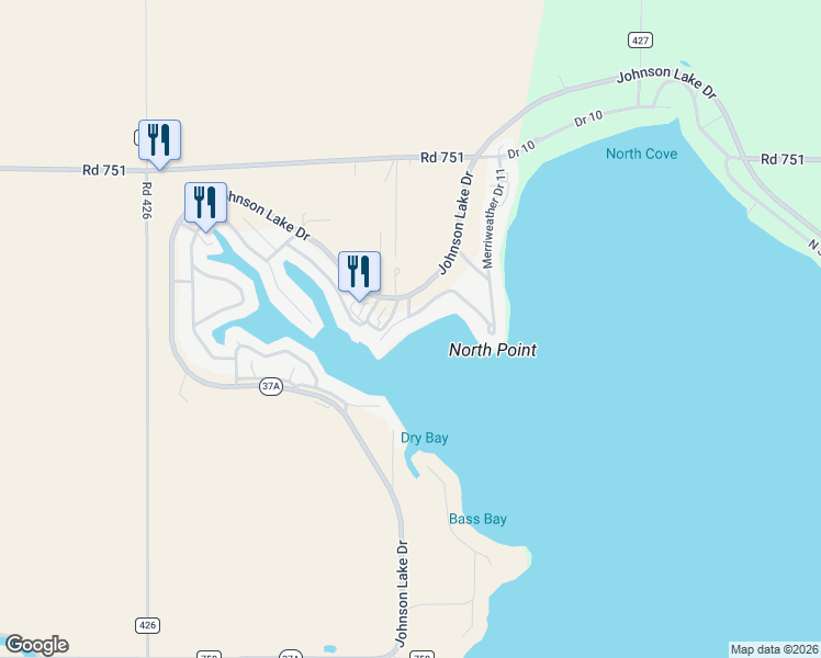 map of restaurants, bars, coffee shops, grocery stores, and more near 48 Norht Point in Johnson Lake