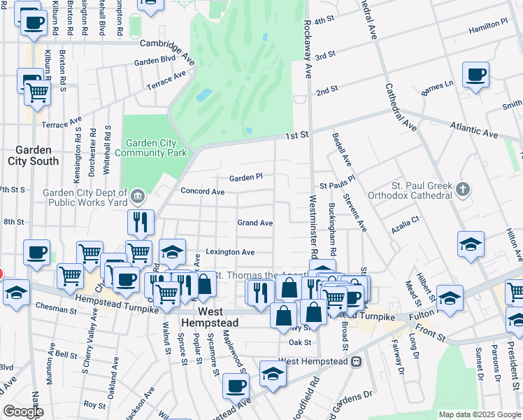 map of restaurants, bars, coffee shops, grocery stores, and more near 227 Hamilton Avenue in West Hempstead
