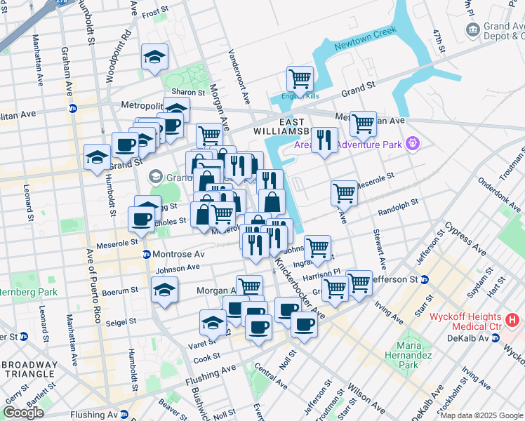 map of restaurants, bars, coffee shops, grocery stores, and more near 154 Morgan Ave in Brooklyn