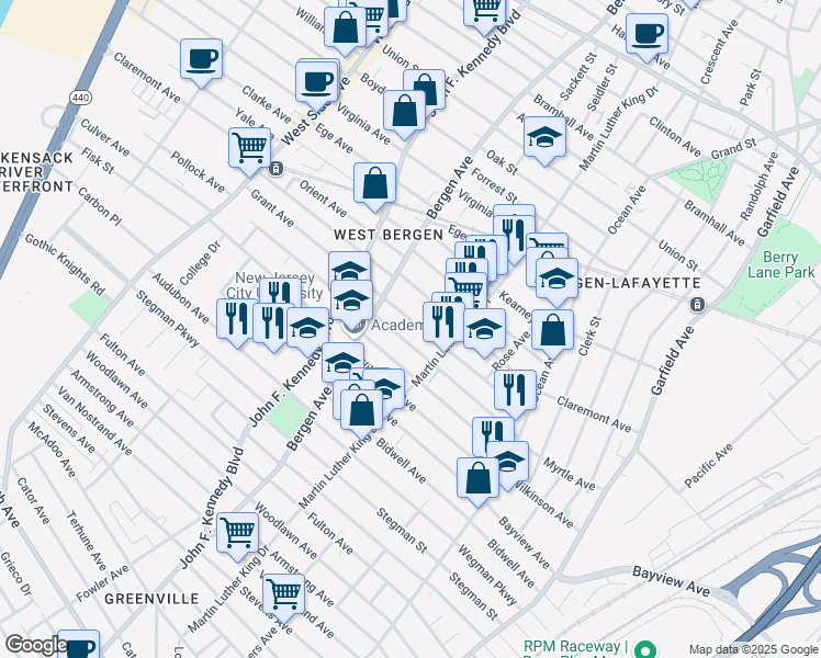 map of restaurants, bars, coffee shops, grocery stores, and more near 114 Grant Avenue in Jersey City