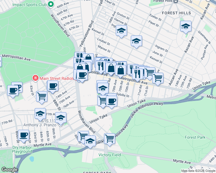 map of restaurants, bars, coffee shops, grocery stores, and more near 87-16 69th Avenue in Queens