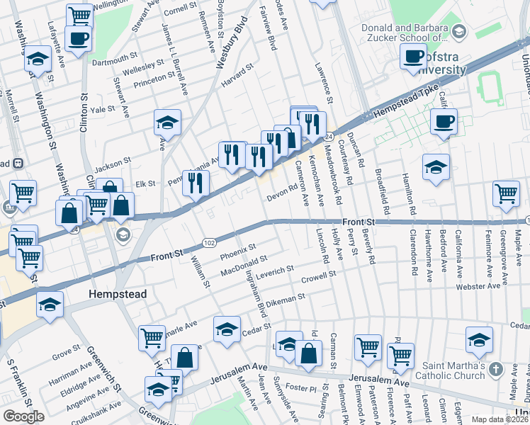 map of restaurants, bars, coffee shops, grocery stores, and more near 60 Hendrickson Avenue in Hempstead