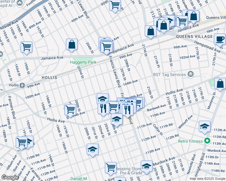 map of restaurants, bars, coffee shops, grocery stores, and more near 104-02 205th Place in Queens