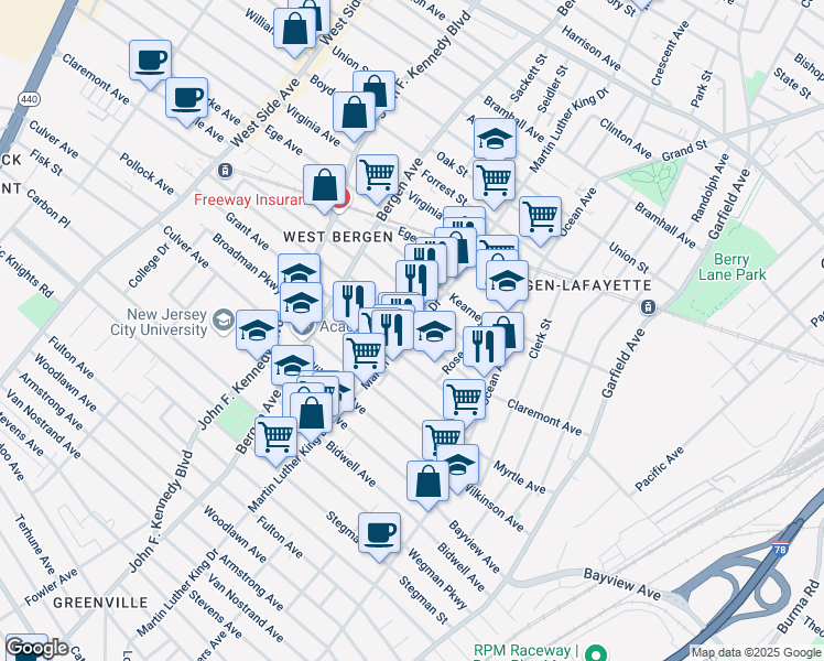 map of restaurants, bars, coffee shops, grocery stores, and more near Martin Luther King Jr Dr & Claremont Ave in Jersey City