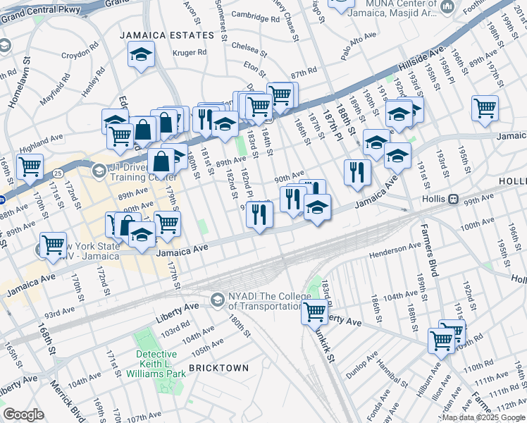 map of restaurants, bars, coffee shops, grocery stores, and more near 91-14 183rd Street in Queens