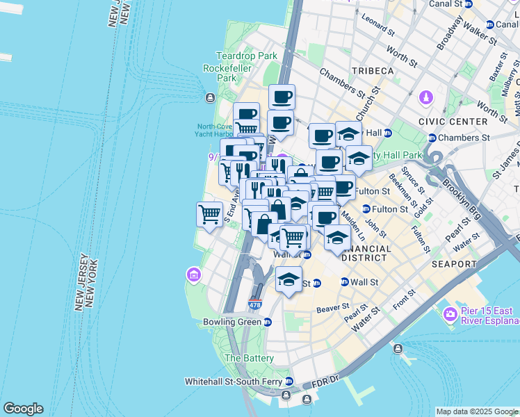 map of restaurants, bars, coffee shops, grocery stores, and more near 85 Albany Street in New York