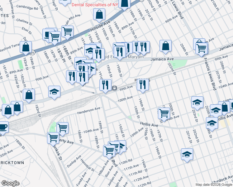 map of restaurants, bars, coffee shops, grocery stores, and more near 193-14 99th Avenue in Queens
