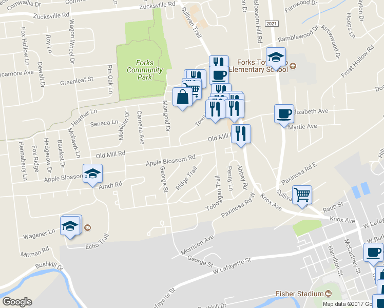 map of restaurants, bars, coffee shops, grocery stores, and more near 427 Apple Blossom Road in Easton